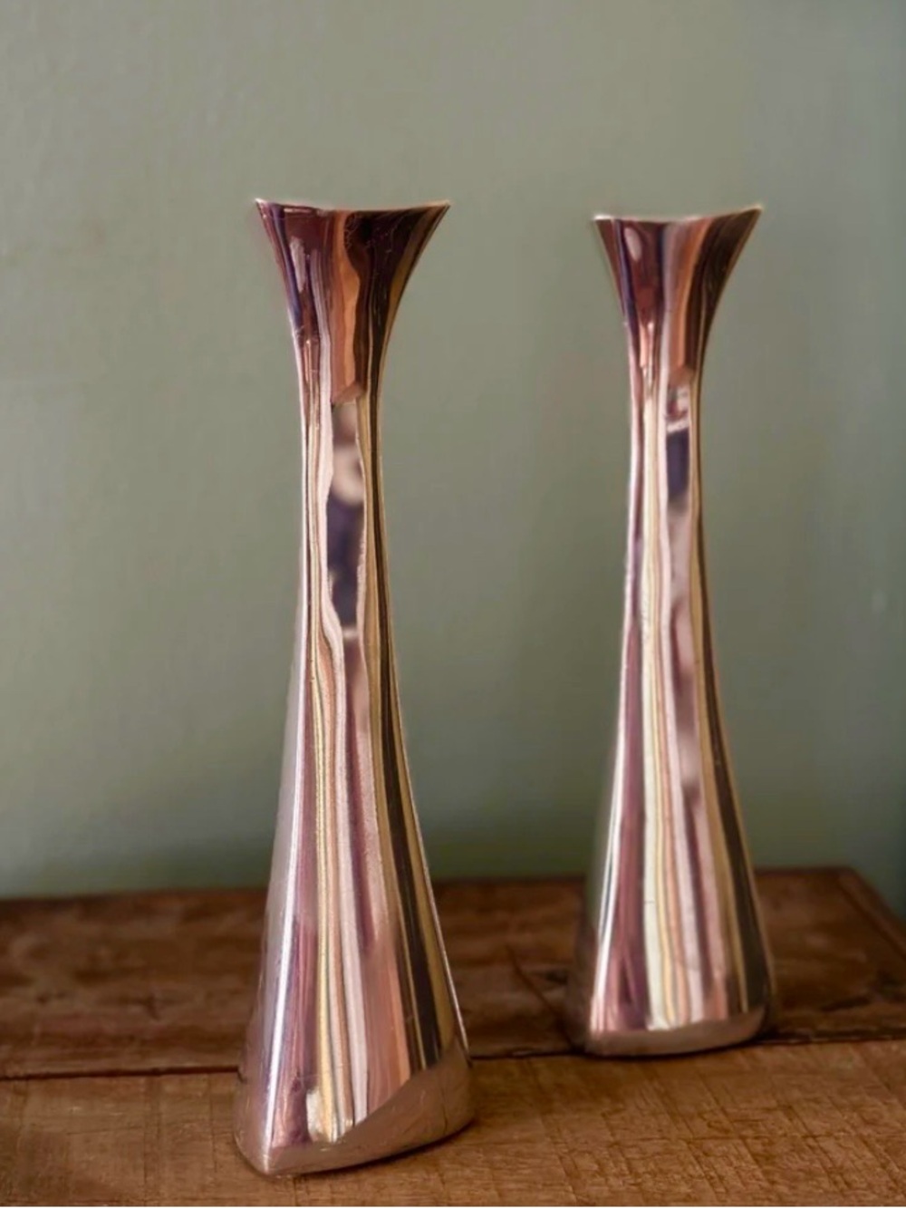 Nambe MCM Chrome Tapered Bud Vase Pair or candlesticks. Heavy chrome!